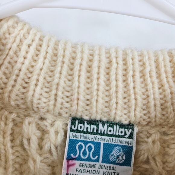 John Molloy Irish Fisherman Men's Sweater Cream New Wool Donegal Cable Knit Sz S - Picture 4 of 5